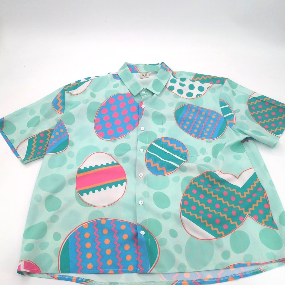 Hardaddy Easter Egg Button Up Shirt Mens L Pastel Teal Short Sleeve Casual‎